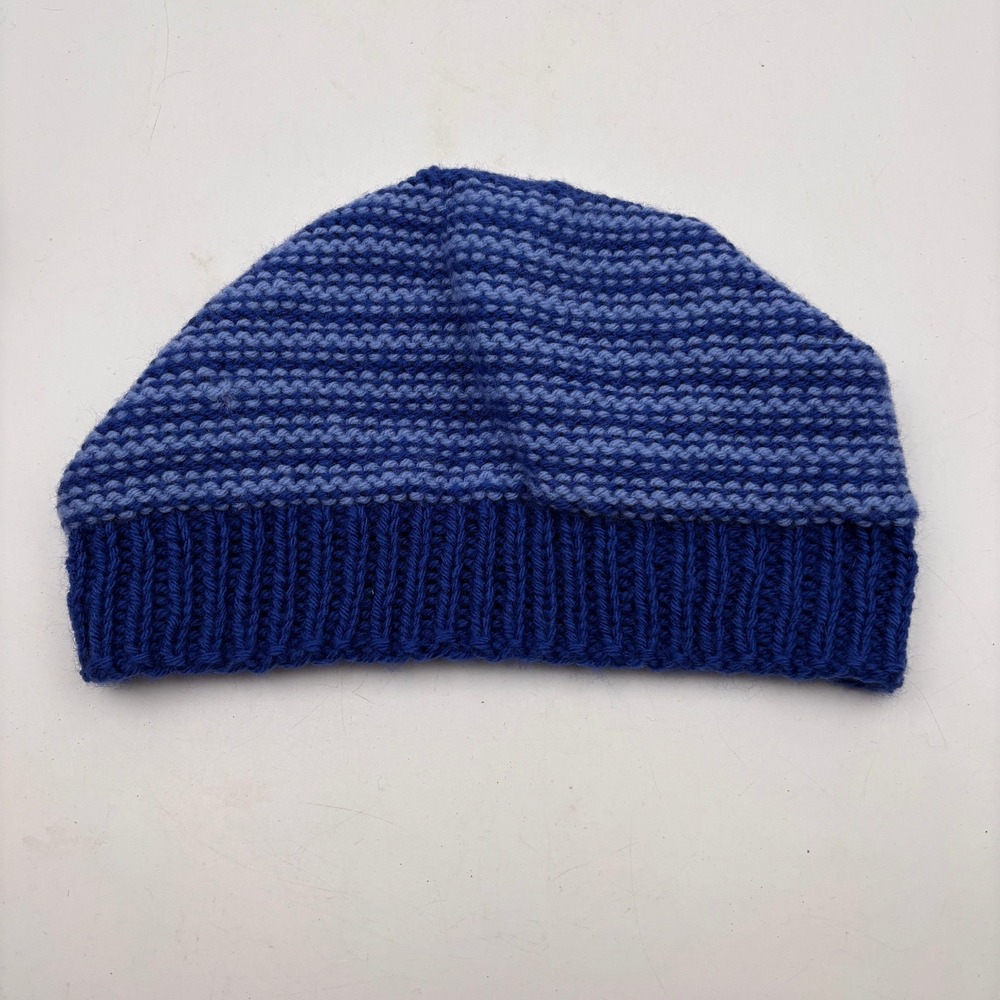 Hand Knitted Blue Striped Beanie Hat Warm Winter Cap - Picture 3 of 4